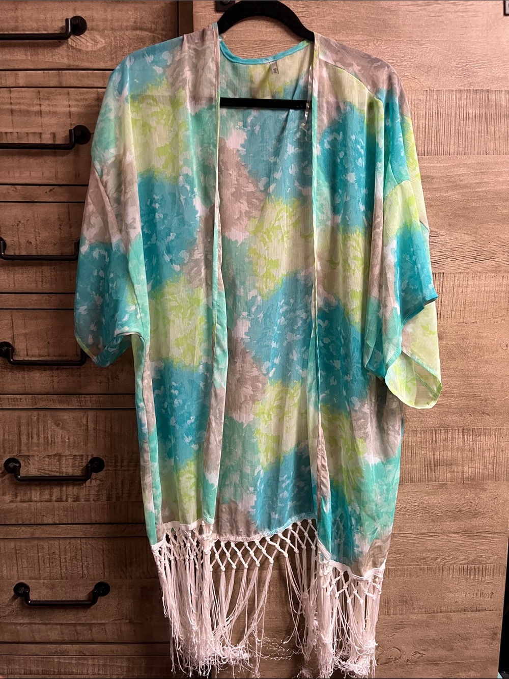 Women's Turquoise & Lime Sheer Beach Kimono with Fringe